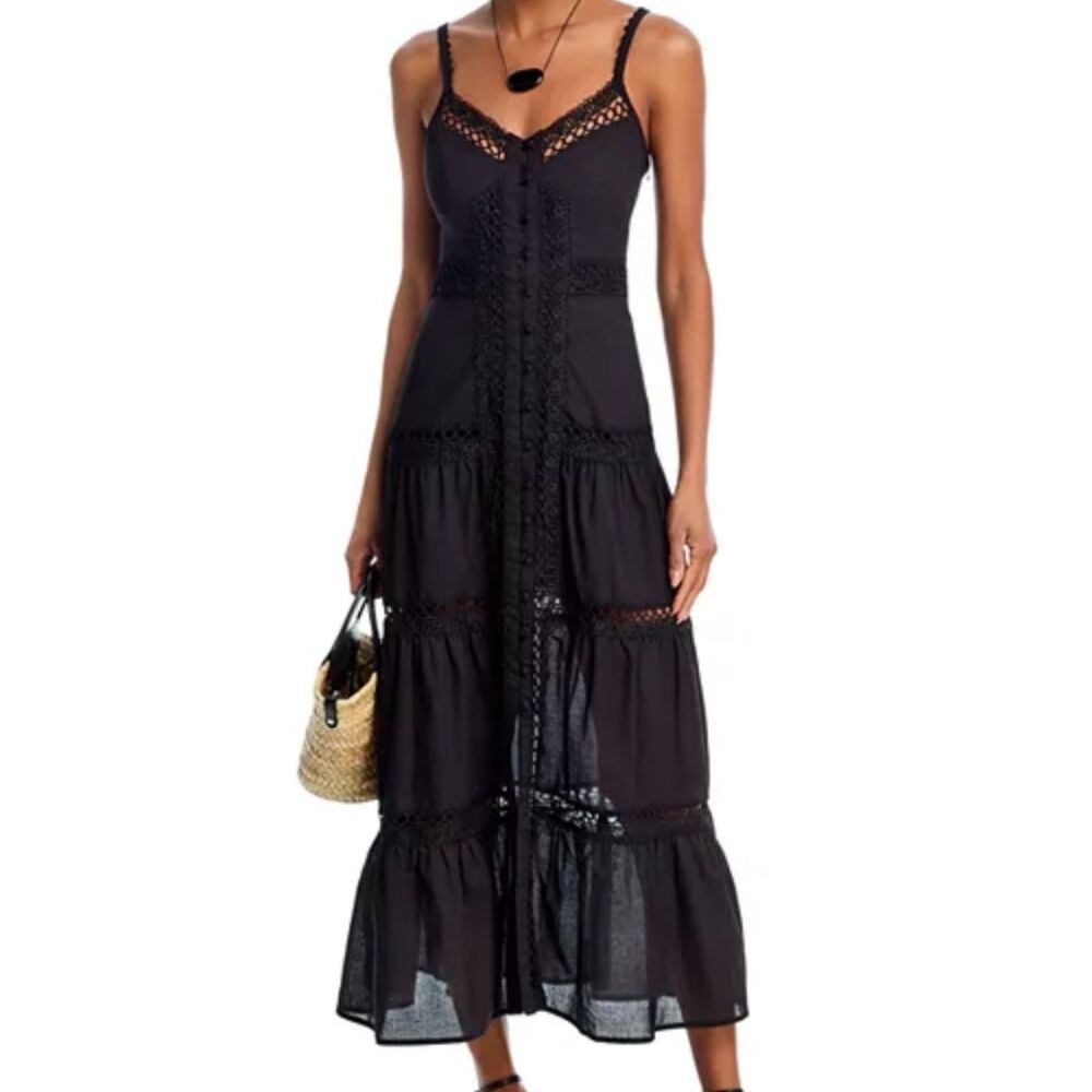 AQUA Black Crochet Lace Tiered Cotton Maxi Dress Womens M Boho Spaghetti Strap
